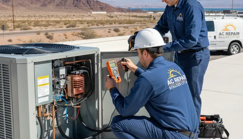 Professional AC repair technician servicing air conditioner in Las Vegas NV home