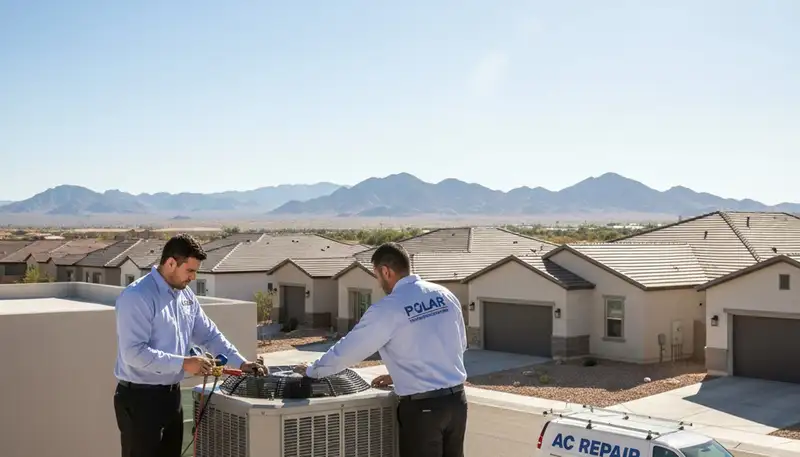 Professional AC repair technician servicing air conditioner in Las Vegas, NV home
