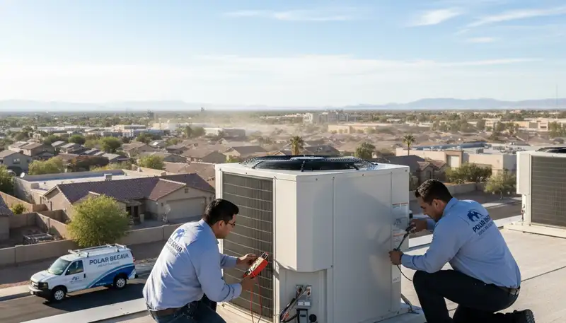 Professional AC repair technician servicing air conditioner in Las Vegas NV home