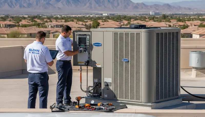 Professional AC repair technician servicing air conditioning unit in Las Vegas NV home