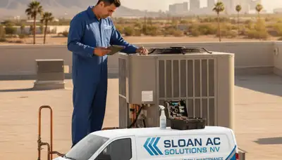 Professional AC repair technician servicing air conditioner unit in Las Vegas NV home