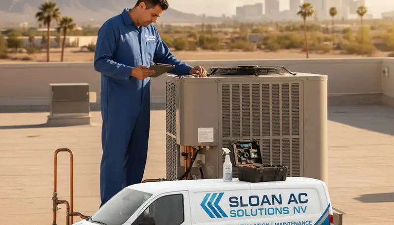 Professional AC repair technician servicing air conditioner unit in Las Vegas NV home
