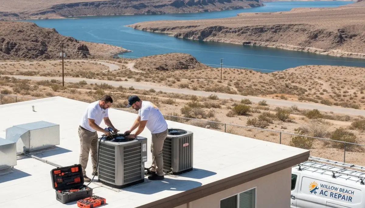 Professional AC repair technician servicing air conditioner unit in Las Vegas NV home
