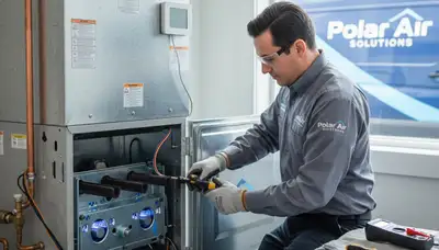 Technician performing furnace repair in Las Vegas NV home for Five Star Cooling heating service