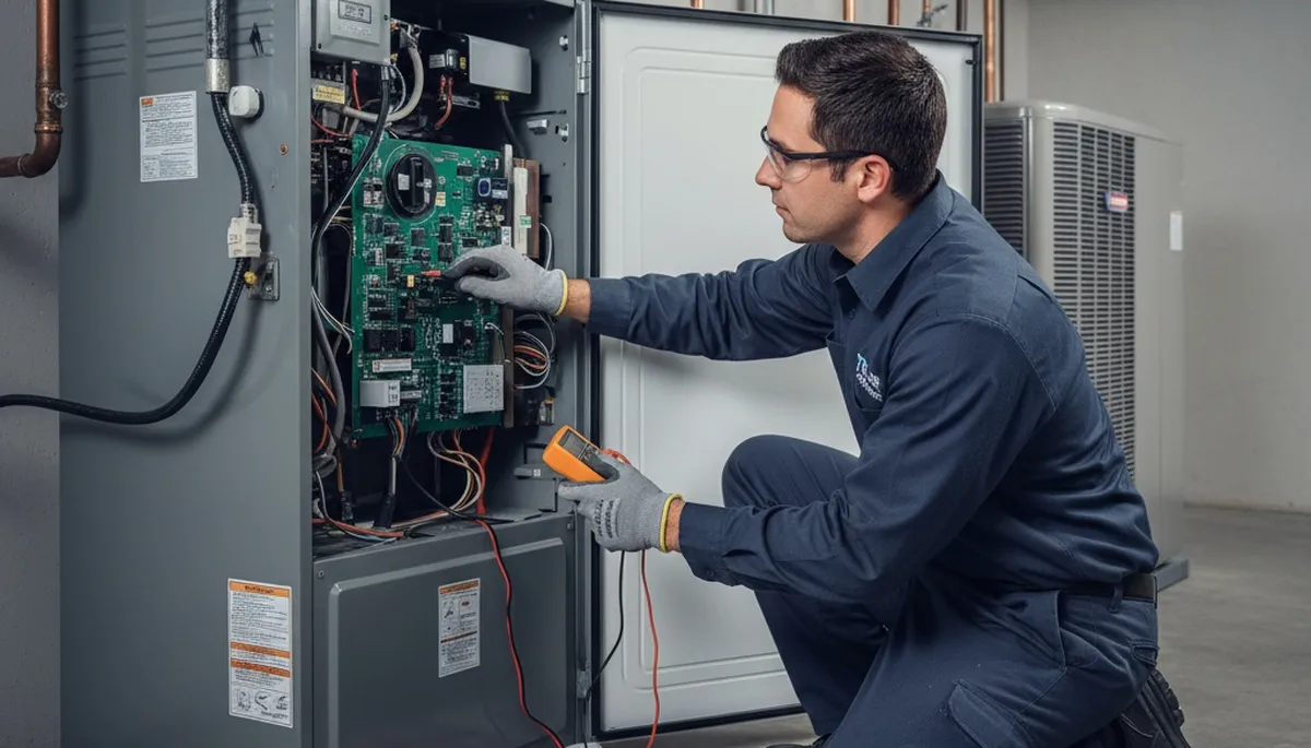 Technician repairing home furnace system in Las Vegas, NV for Five Star Cooling heating service