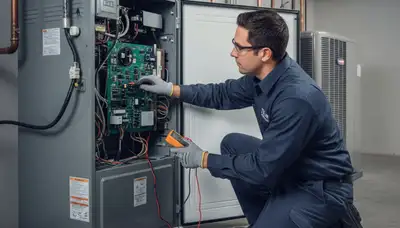 Technician repairing home furnace system in Las Vegas, NV for Five Star Cooling heating service