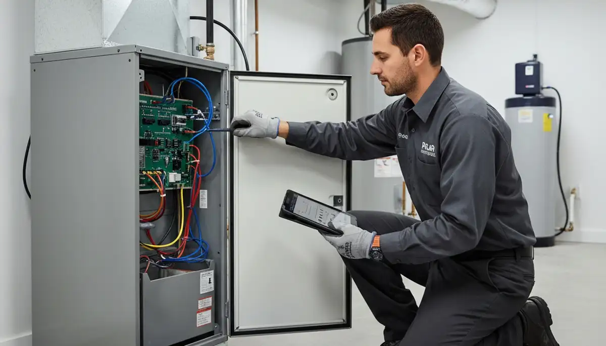 Technician performing furnace repair in Las Vegas, NV for Five Star Cooling heating service
