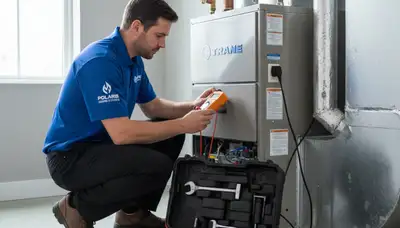 Technician performing heating repair on furnace in Las Vegas NV home for Five Star Cooling