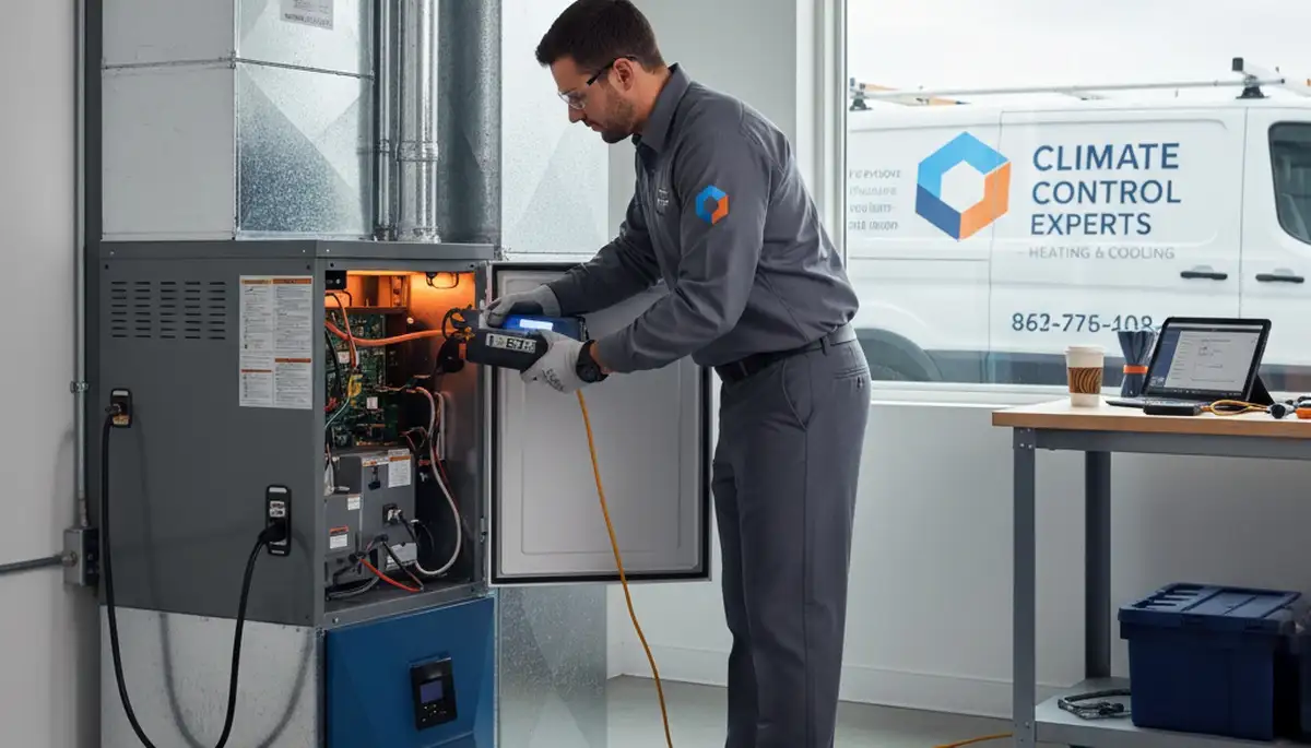 Technician repairing home furnace for heating service in Las Vegas NV