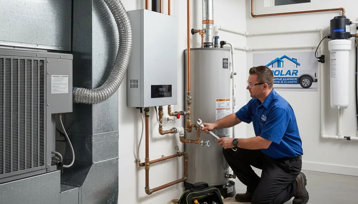 Technician repairing AC unit and plumbing system in Las Vegas, NV home for Five Star Cooling