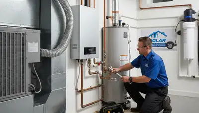 Technician repairing AC unit and plumbing system in Las Vegas, NV home for Five Star Cooling