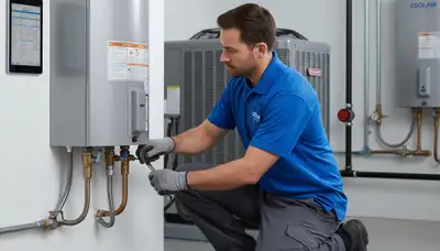 Technician repairing water heater in Las Vegas NV home for Five Star Cooling service