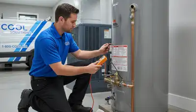 Technician repairing residential water heater in Las Vegas NV home for Five Star Cooling service