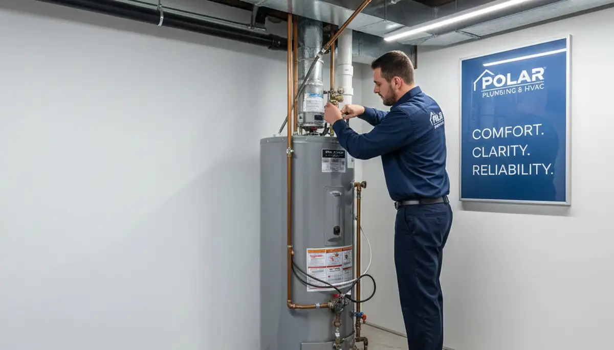 Technician repairing residential water heater in Las Vegas NV for Five Star Cooling service page